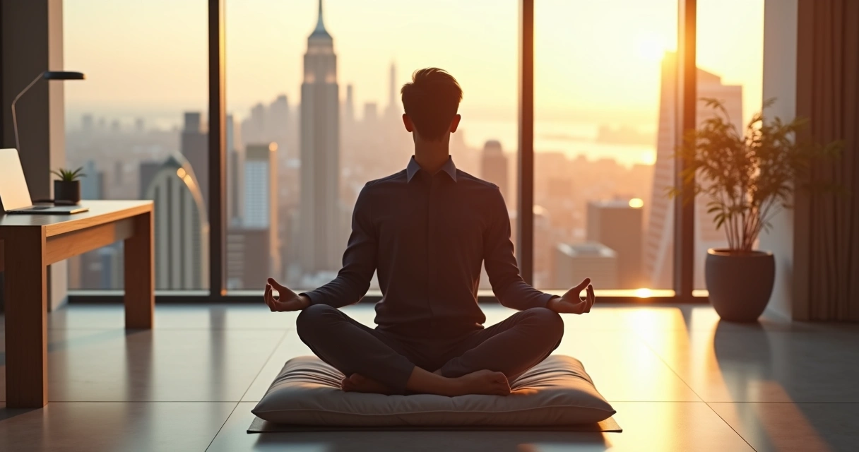 Líder sentado em meditação em escritório moderno com cidade ao fundo 