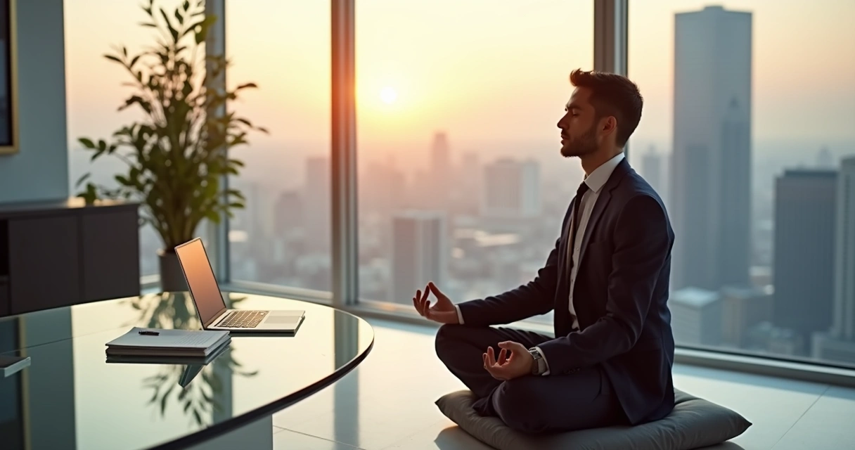 Líder sentado em meditação em escritório moderno com cidade ao fundo 