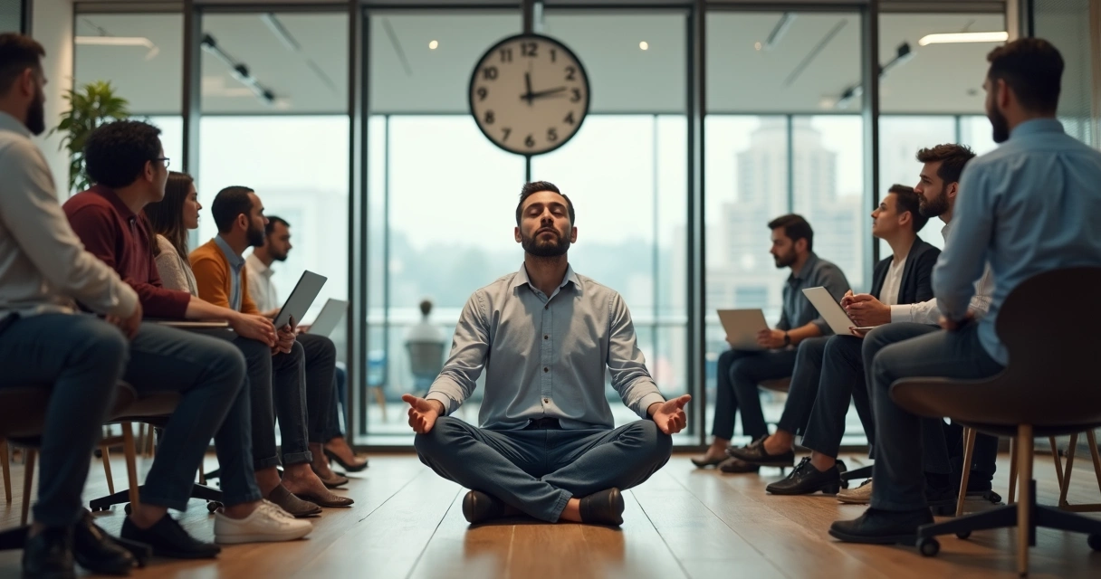 Líder sentado em cadeira com postura meditativa em escritório moderno