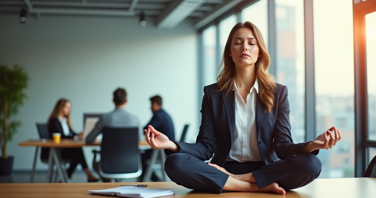 Mulher meditando sentada à mesa de escritório com laptop e caderno ao lado.