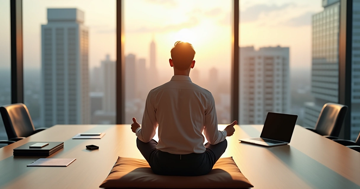 Líder sentado meditando em posição de lótus em sala de reunião moderna 