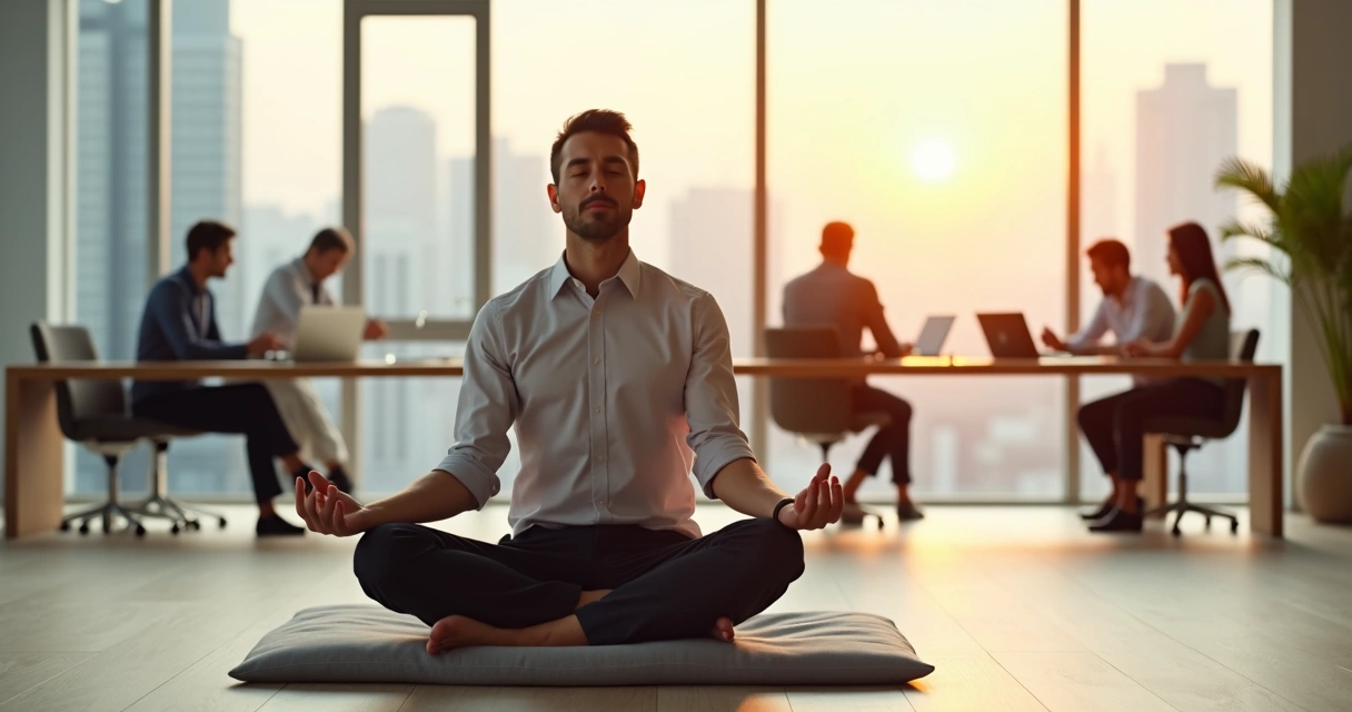 Líder em meditação sentado em escritório moderno com equipe ao fundo 