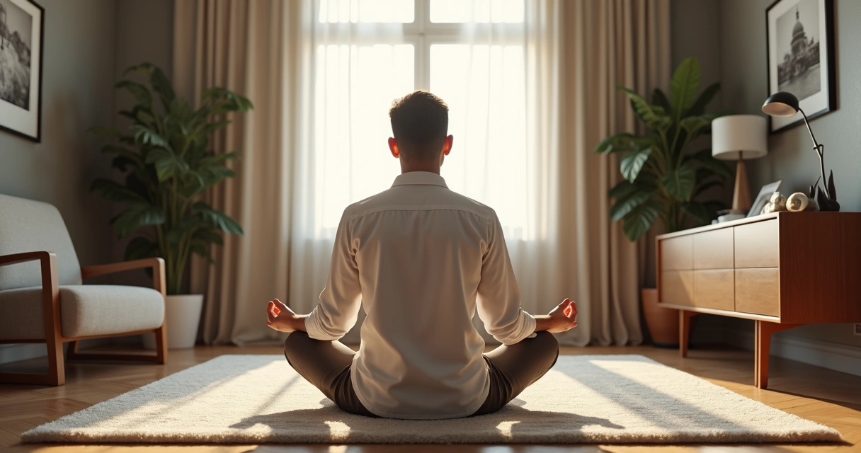 Homem sentado em posição de meditação no escritório moderno 
