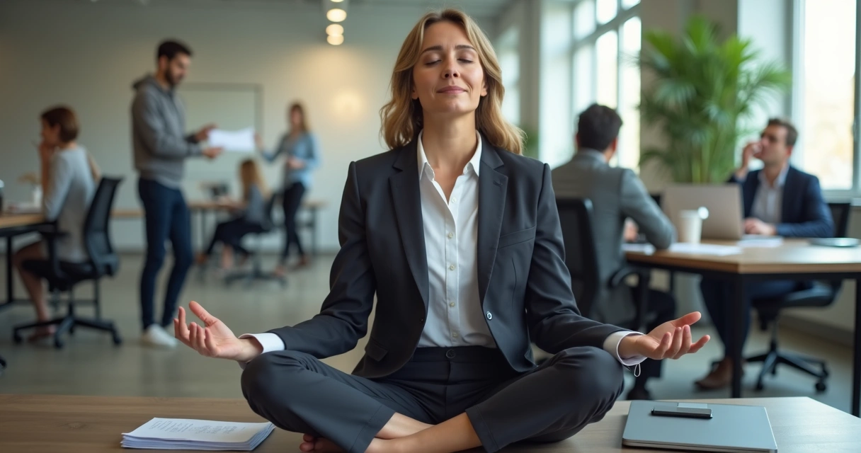 Líder sentado en una oficina meditando junto a su escritorio 