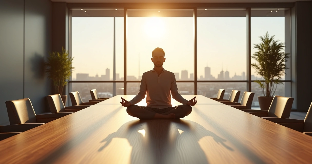 Persona sentada meditando en una sala de reuniones moderna con luz natural.