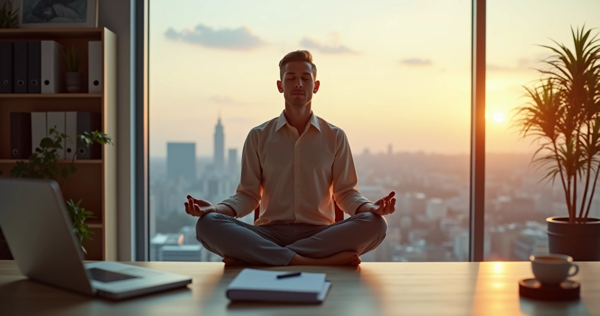 Líder sentado meditando frente a ventana en oficina moderna al amanecer 