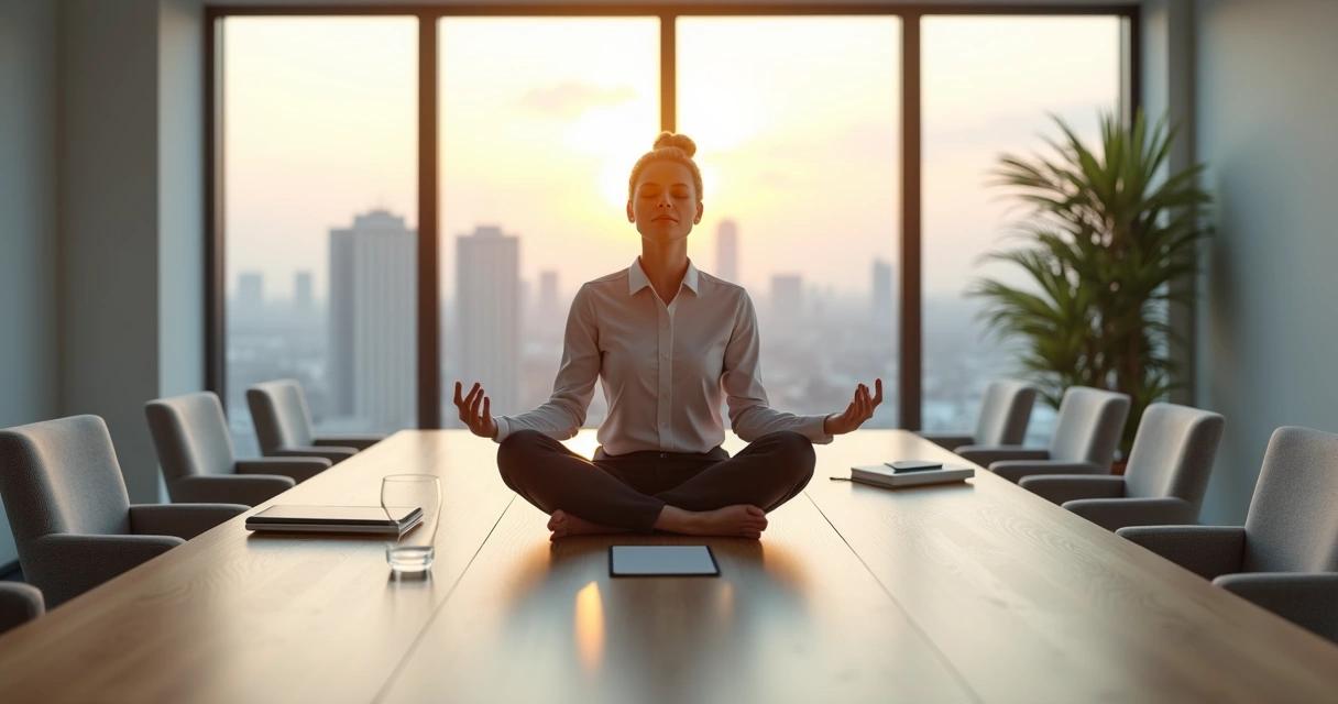Líder sentado meditando en una sala de reuniones moderna 
