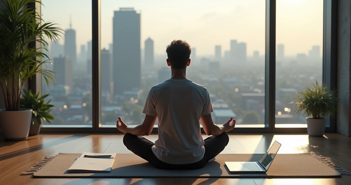 Persona meditando en una oficina moderna junto a una ventana grande 