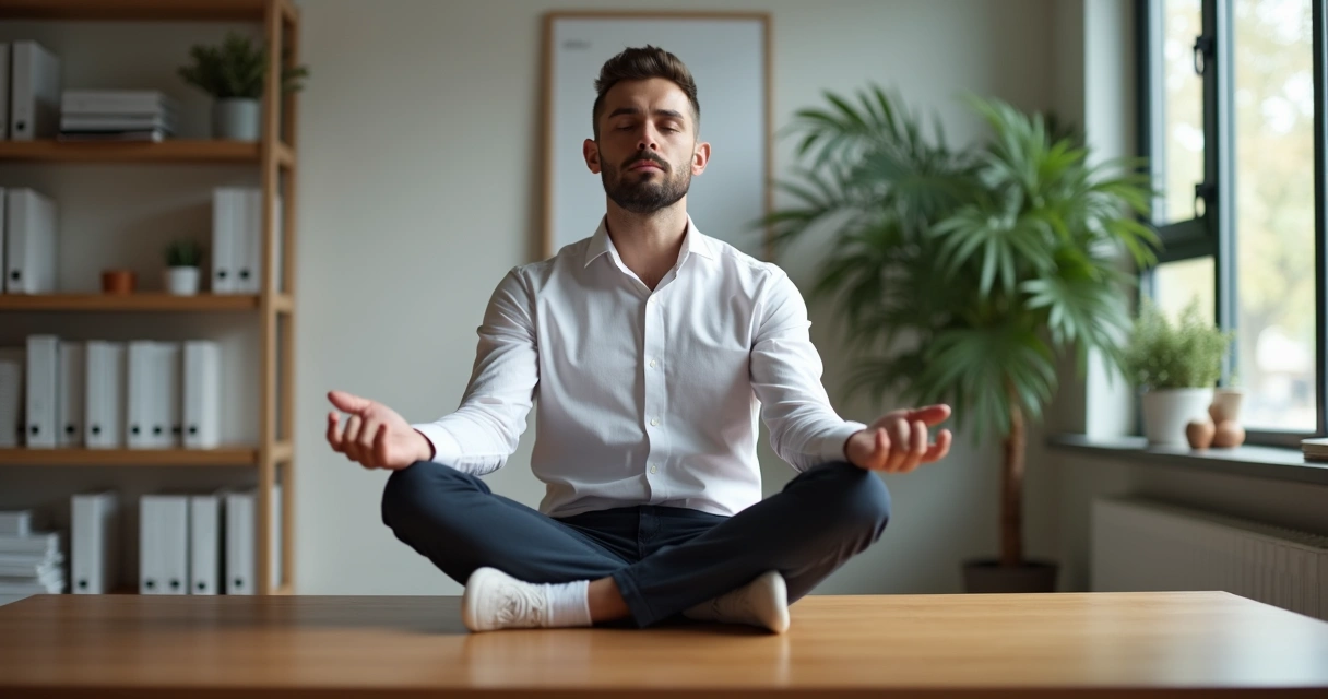 Persona sentada meditando en una oficina tranquila 