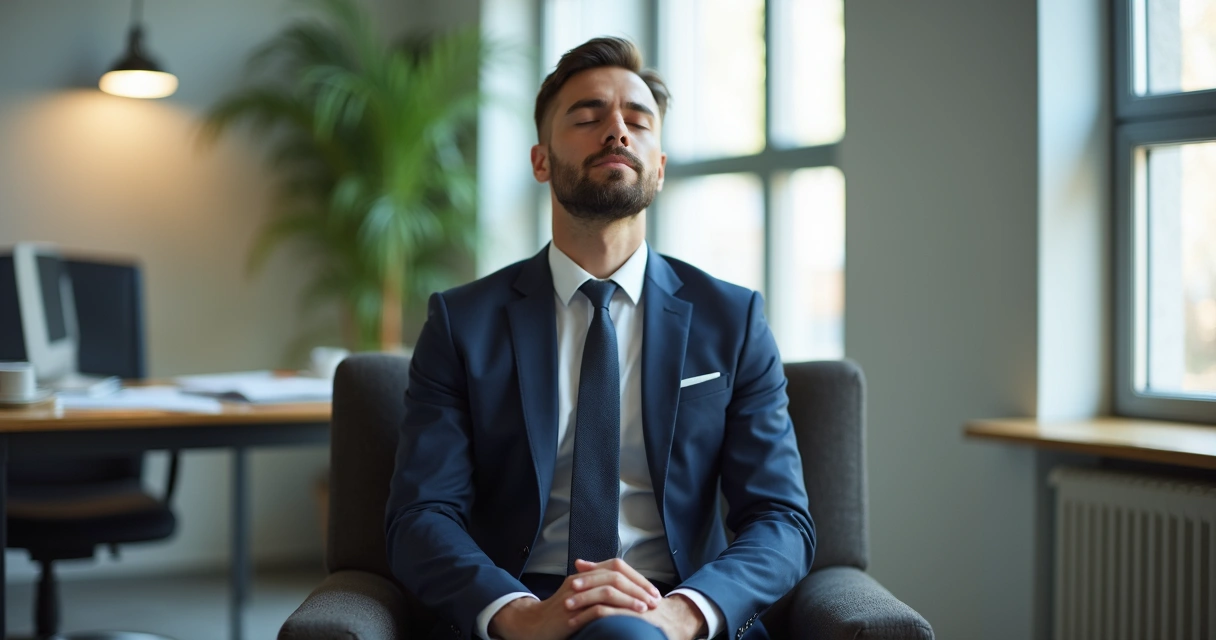 Persona sentada en una oficina moderna con los ojos cerrados y en postura de meditación 