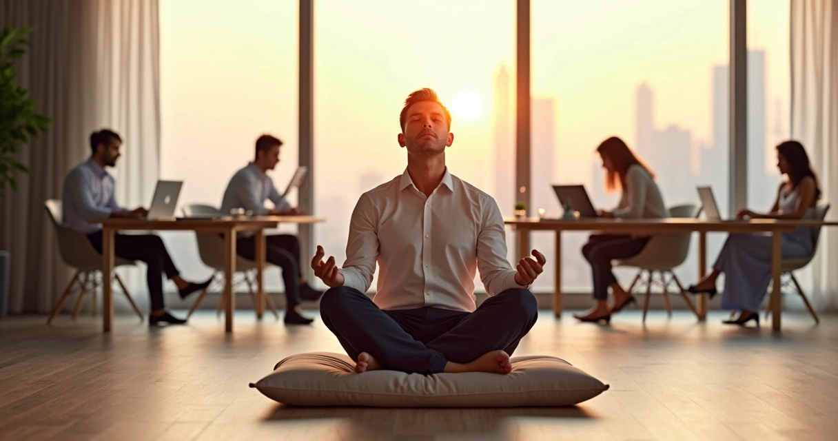 Líder meditando sentado en una oficina luminosa con su equipo trabajando al fondo 