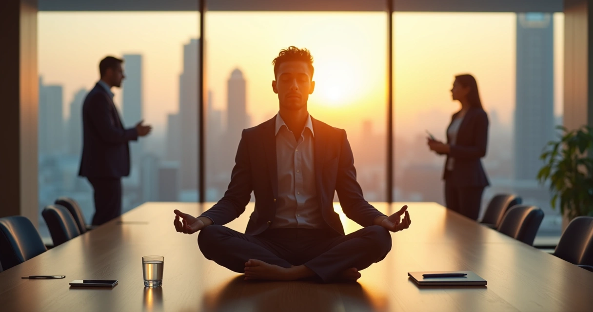 Líder con los ojos cerrados meditando en una sala de reuniones luminosa 