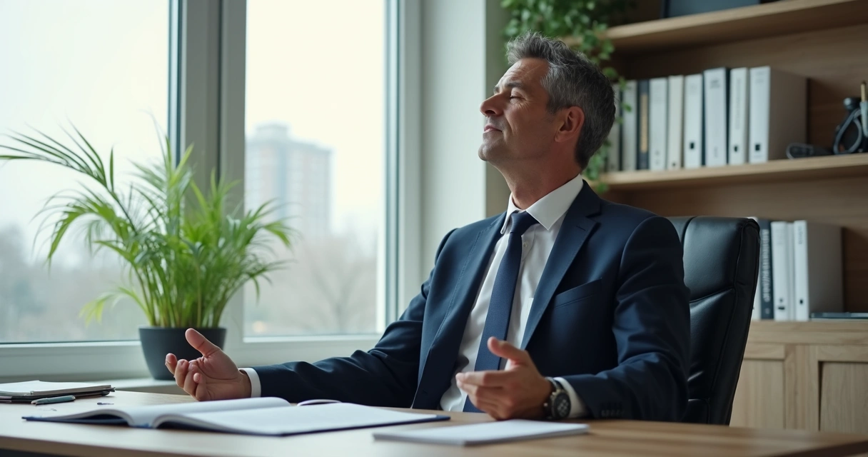 Líder sentado meditando en su oficina con luz natural 