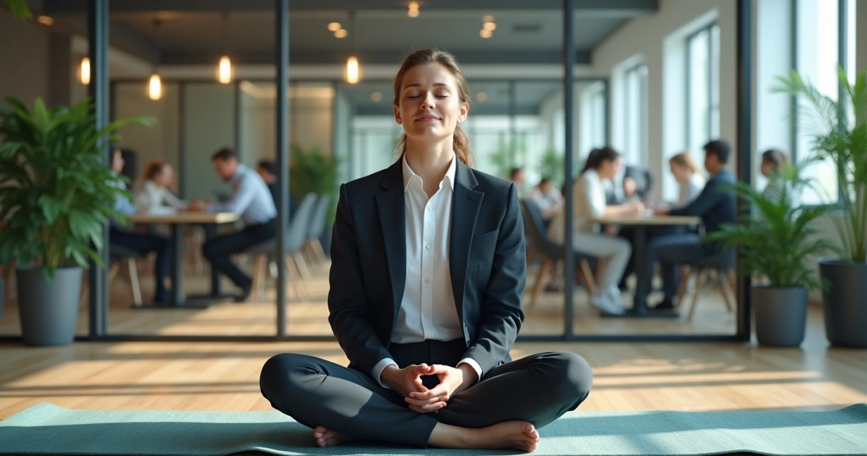 Persona meditando en una oficina moderna 