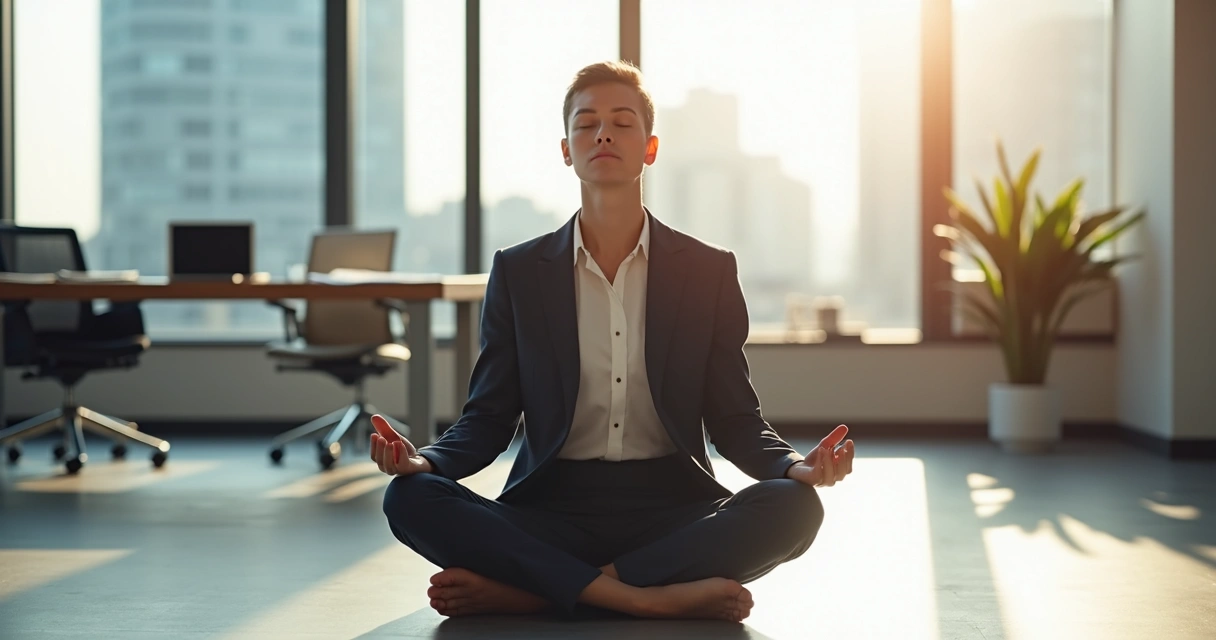 Líder sentado meditando en una oficina luminosa 