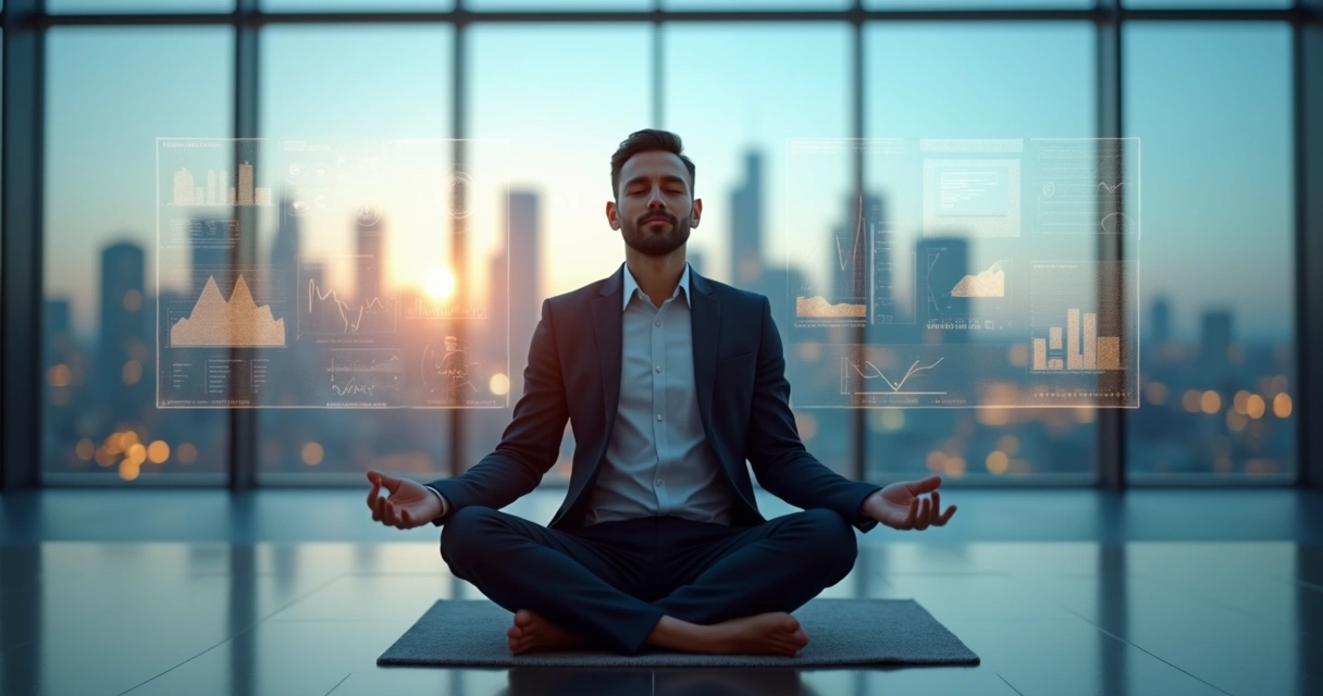 Líder meditando en una oficina moderna con pantallas de datos al fondo 