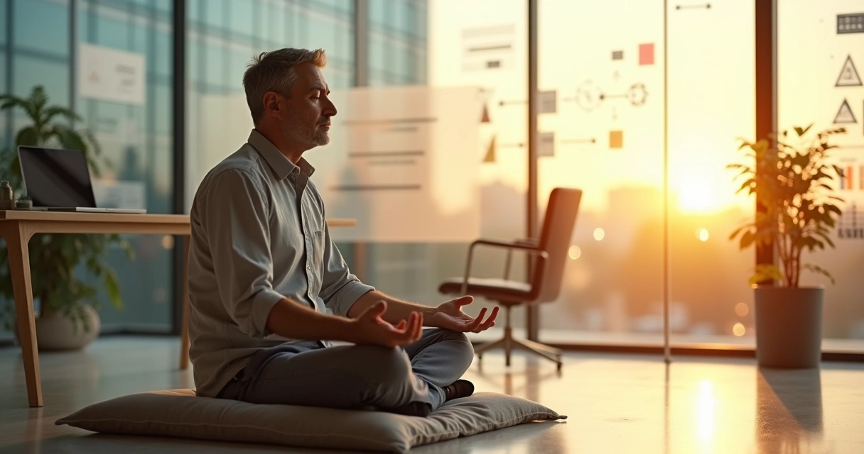 Líder sentado meditando en su oficina luminosa con gráficos de decisiones en segundo plano 