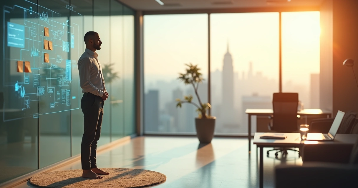 Líder meditando em pé diante de painel de decisões no escritório 