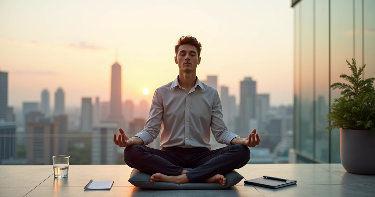 Líder de negócios meditando ao nascer do sol com cidade ao fundo 
