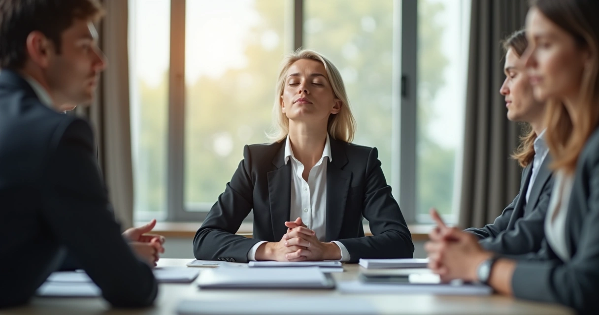 Pessoa em posição de meditação sentada numa mesa de reunião, com colegas ao fundo 