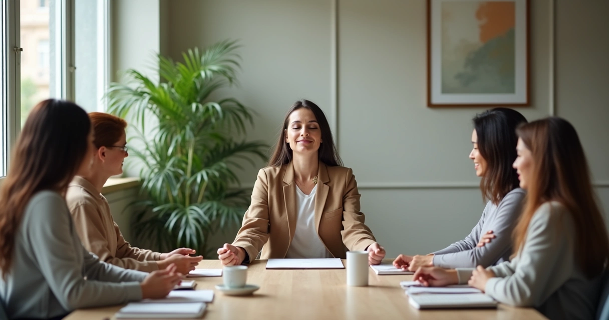 Líder sentado em silêncio em sala de reunião, equipe observa em clima tranquilo