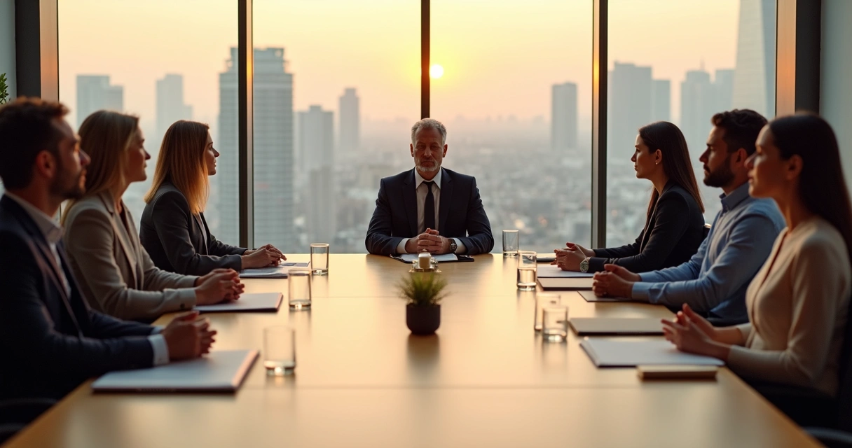 Líder em meditação guiando reunião tranquila em empresa moderna 
