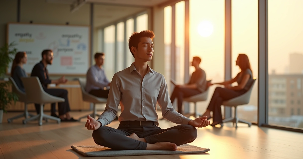 Líder sentado meditando em sala de reunião com equipe ao fundo 