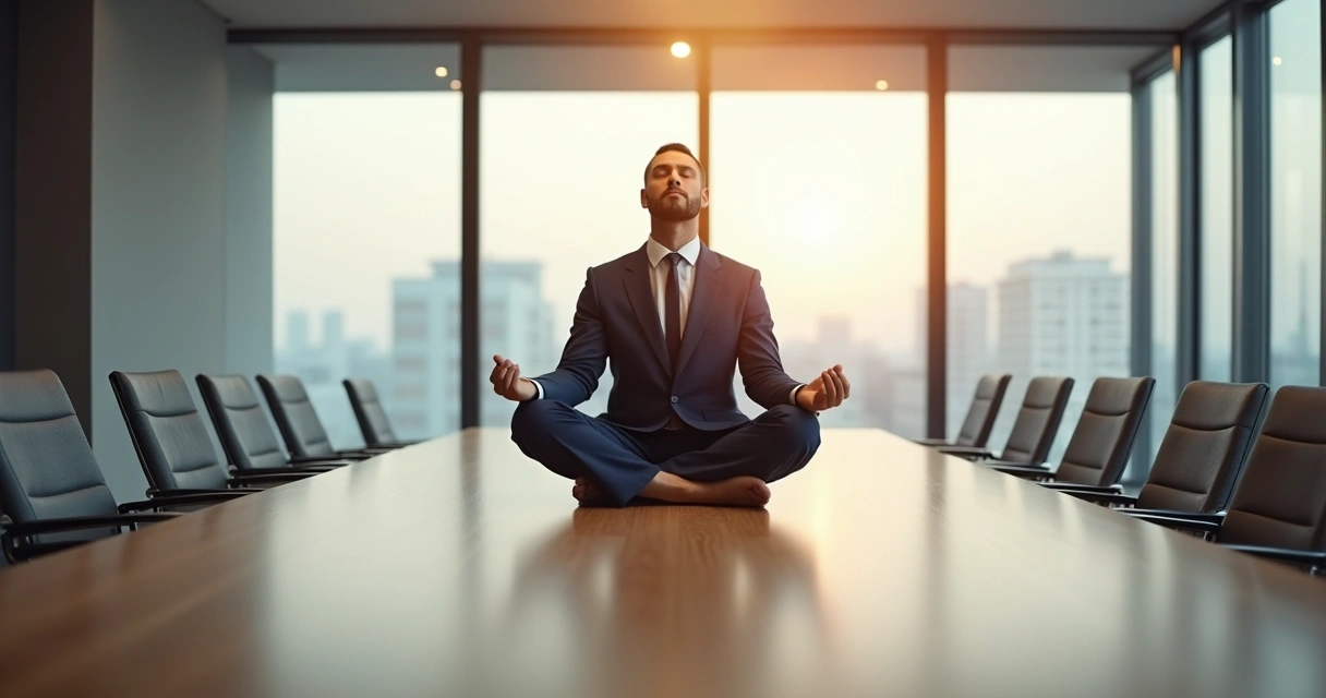 Homem em posição de meditação sentado sozinho em uma sala de reunião, cadeira vazia ao fundo, luz suave sobre a mesa 