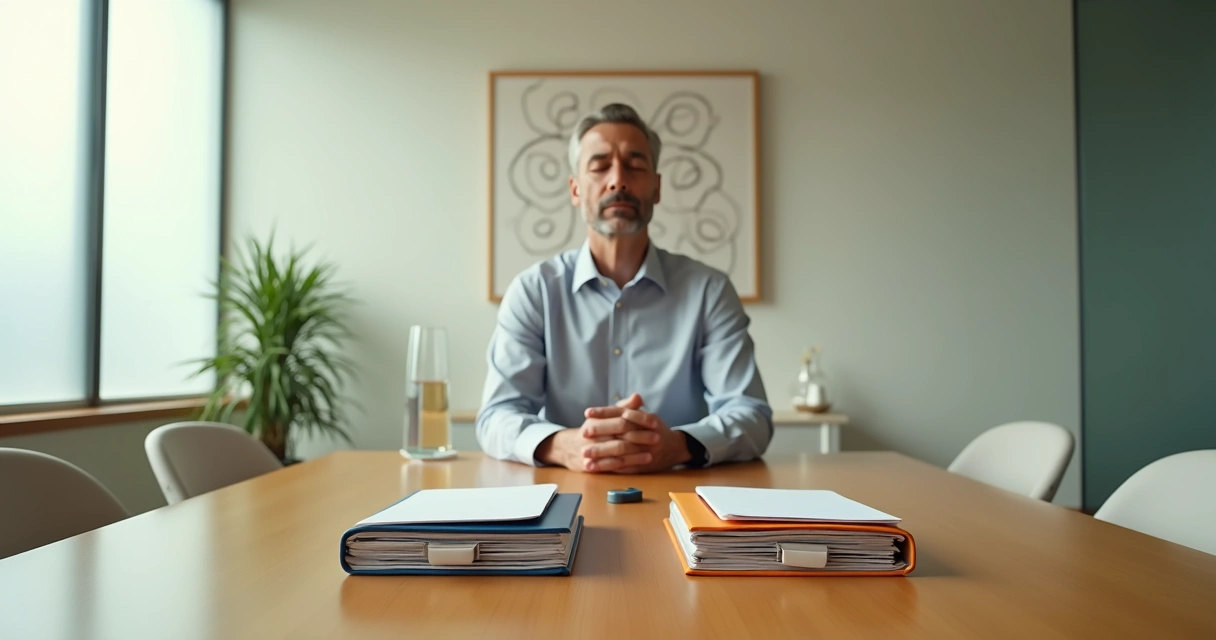 Líder meditando sozinho em sala de reunião antes de decidir 