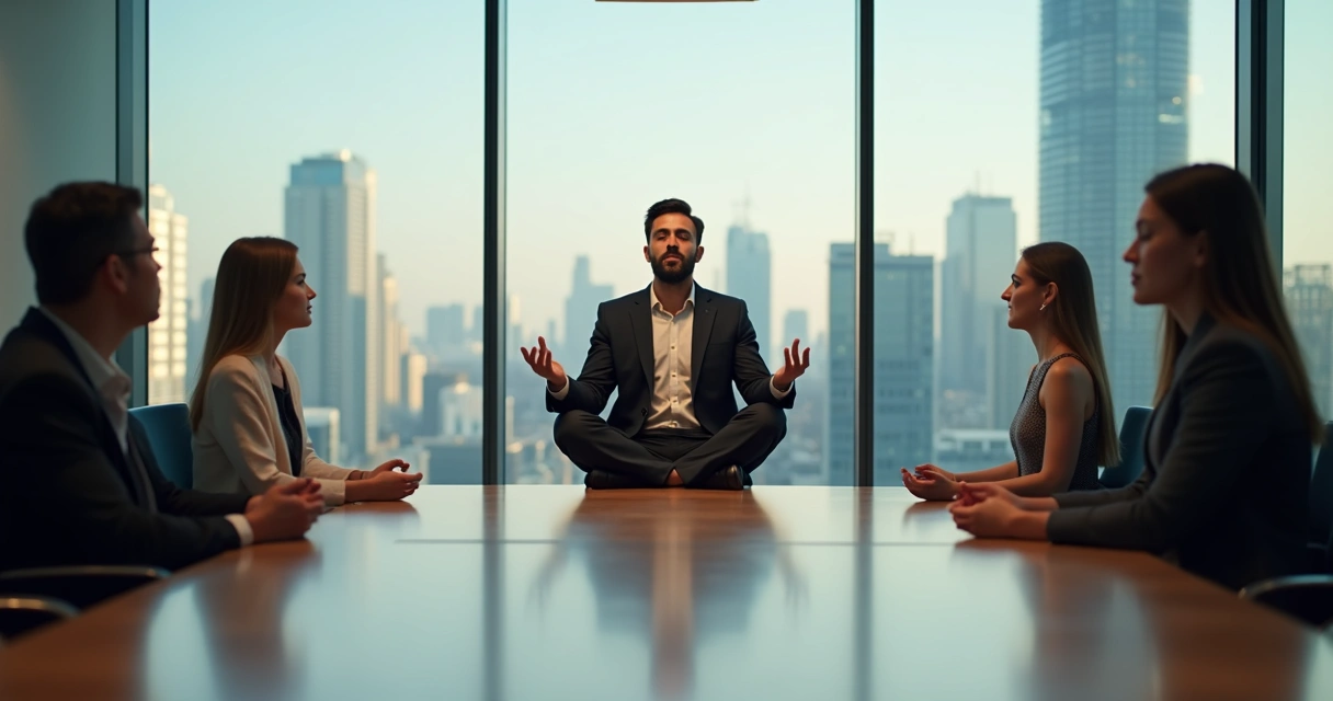 Homem de negócios meditando em uma sala de reunião corporativa 