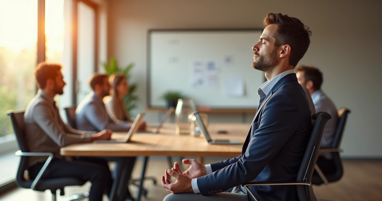Líder em posição de meditação em sala de reunião com equipe ao fundo 