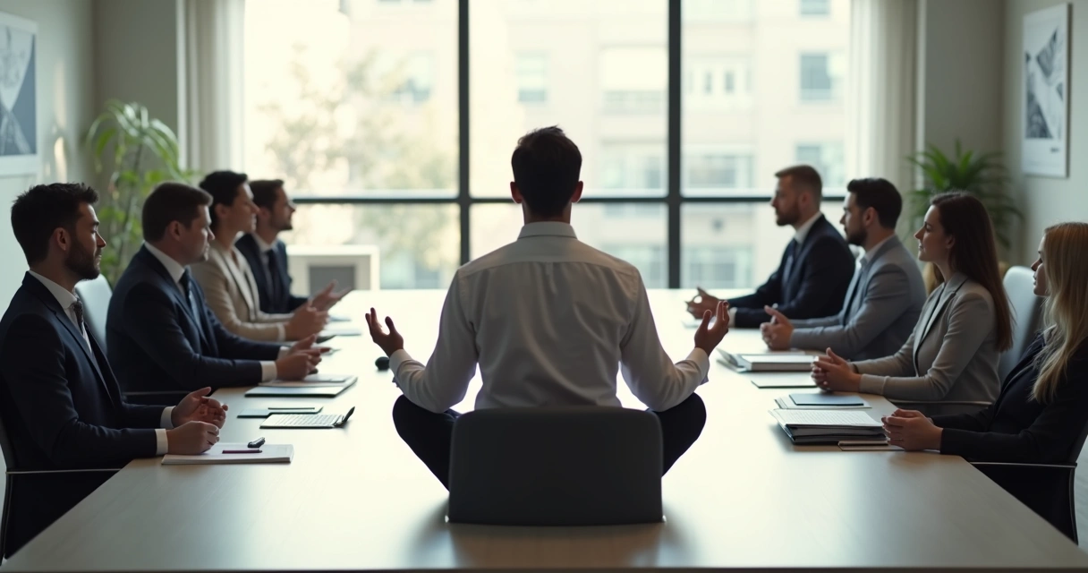 Líder sentado em sala de reunião praticando meditação, olhos fechados 