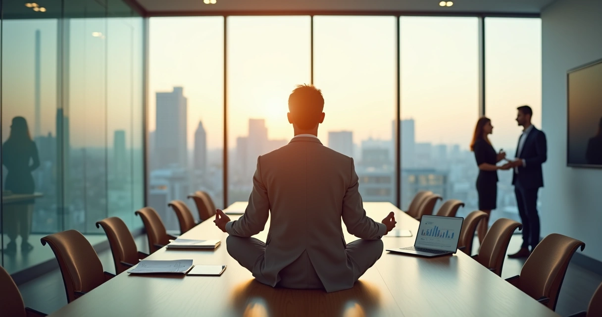 Líder de negócios meditando em sala de reunião moderna antes de uma decisão importante 