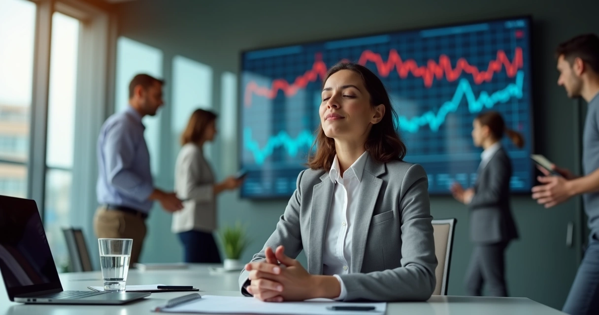 Líder sentado em sala de reunião caótica mantendo postura calma em meditação 