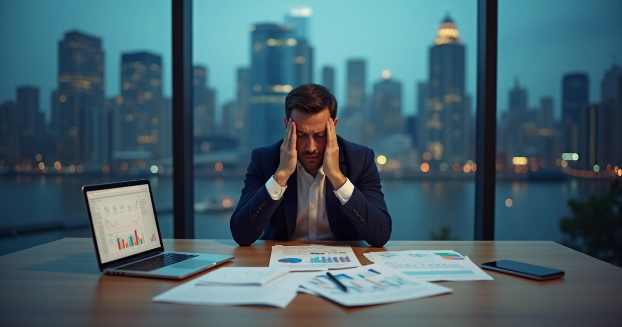 Líder sentado à mesa de trabalho com expressão cansada diante de muitas telas e papéis 