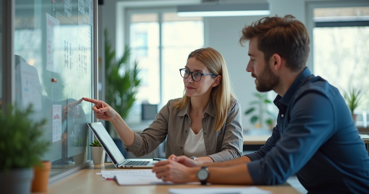 Líder orientando a un miembro del equipo junto a pizarras de ideas