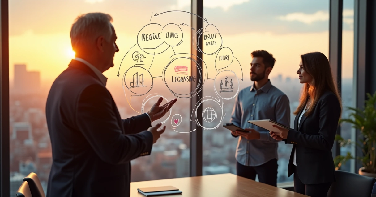 Líder mentor orientando dois sucessores diante de painel estratégico integrado 