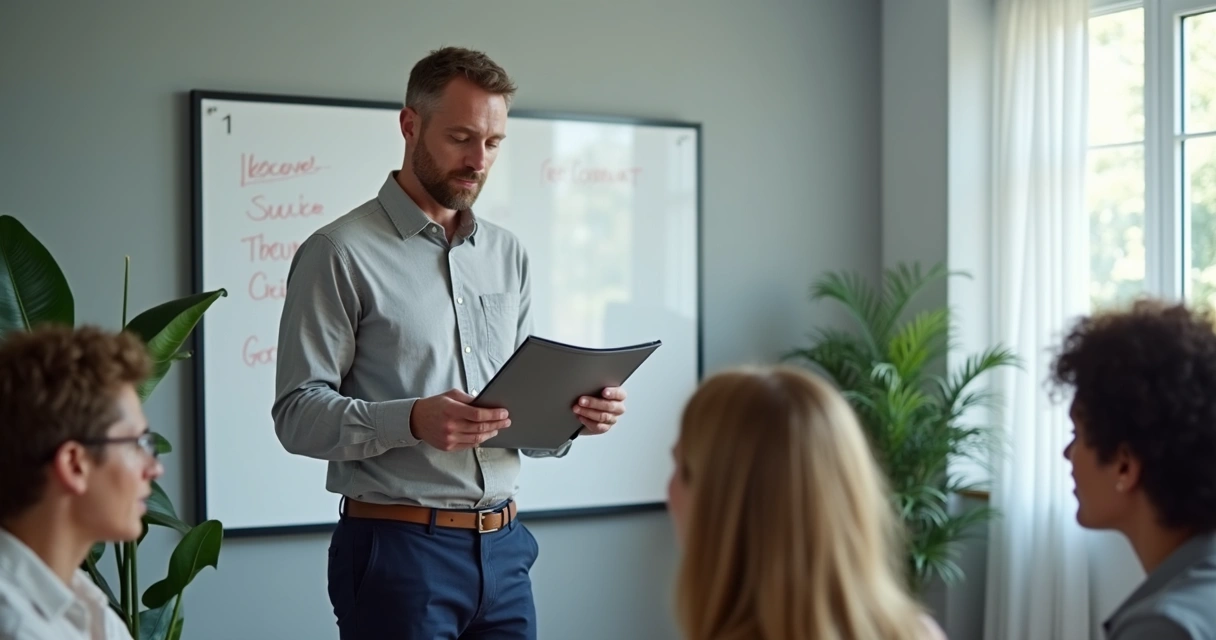 Líder orientando equipe durante sessão de feedback no escritório 