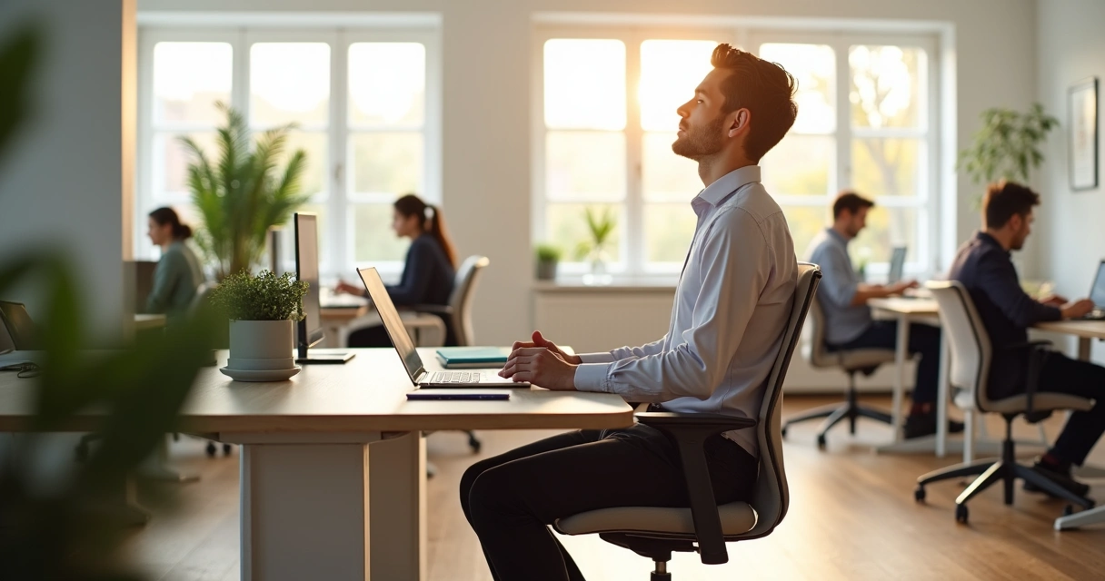 Líder practicando mindfulness en una oficina abierta moderna 