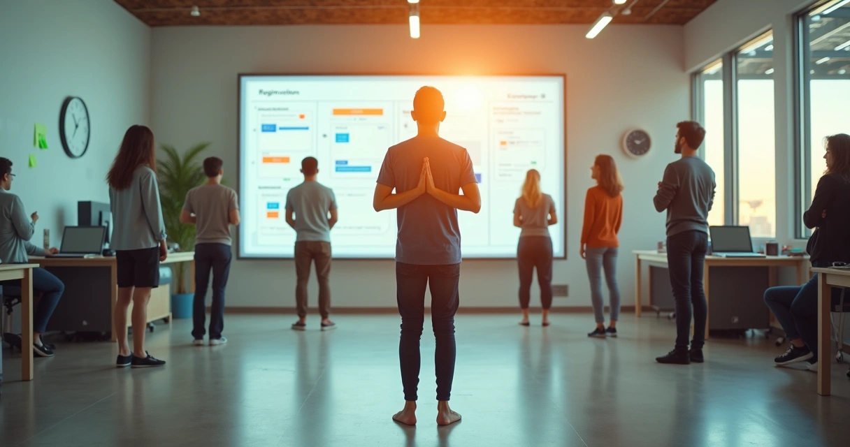Líder de projetos guiando equipe ágil em sala ampla com painel kanban ao fundo 