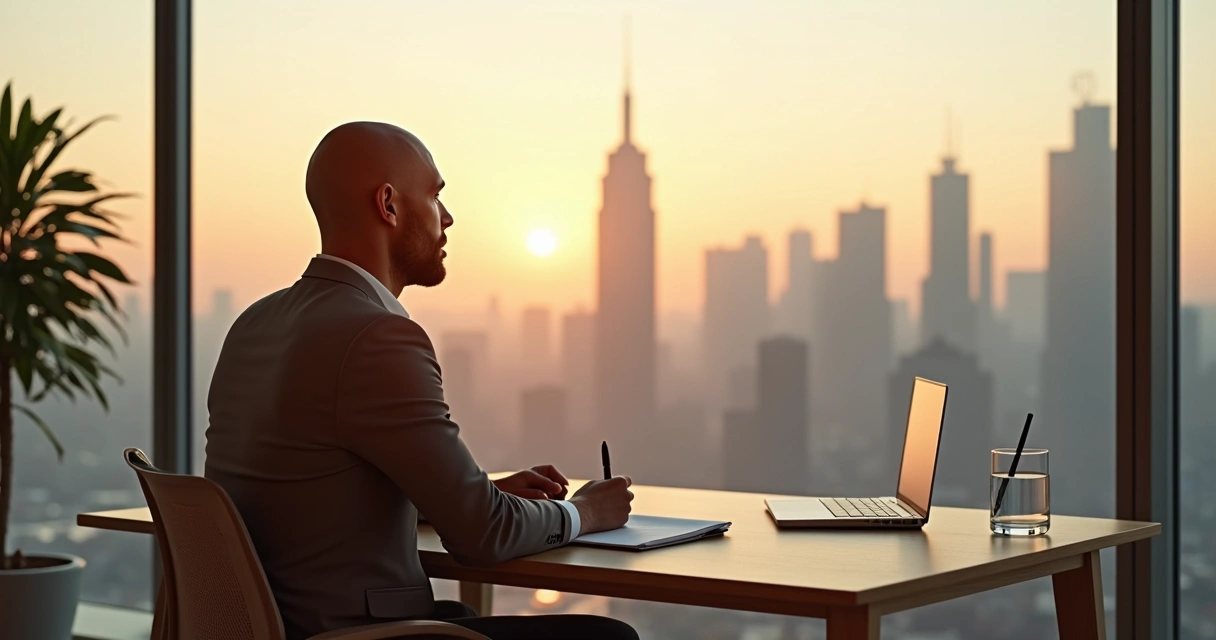 Líder sentado frente a una ventana grande reflexionando con un cuaderno de notas 