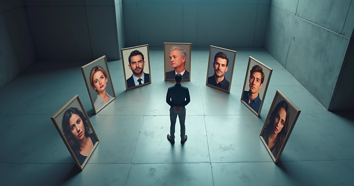 Líder observando vários retratos distorcidos de sua equipe numa parede escura 