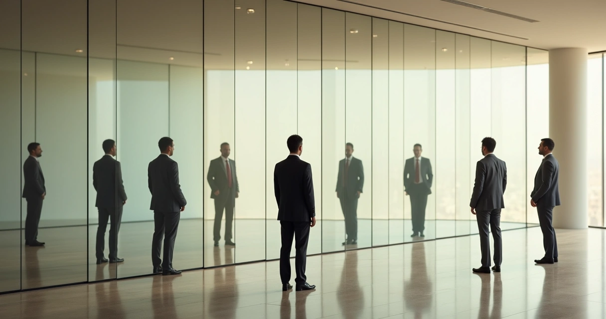 Líder diante de espelhos distorcendo expressões emocionais diferentes 