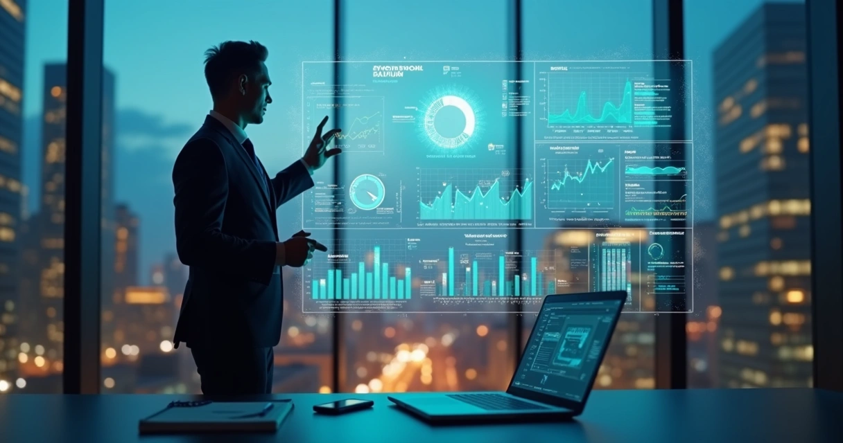 Líder observando painel digital com dados de reputação de marca 