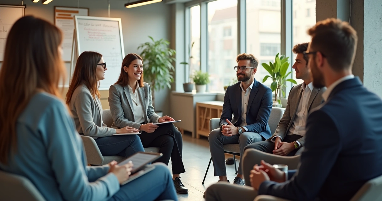 Líder sentado em círculo com equipe, compartilhando sentimentos em reunião informal.
