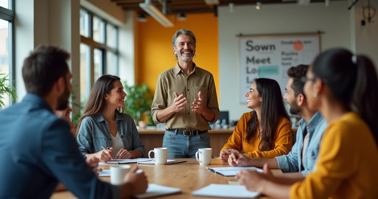 Líder conversando e motivando equipe em reunião informal 