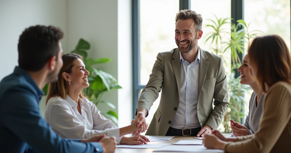 Líder sorridente cumprimentando colega ao redor da mesa 