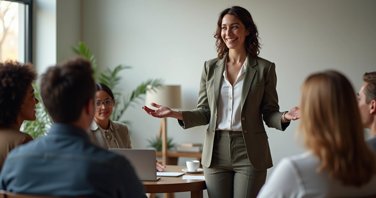 Líder conversando com grupo de equipe diversa ao redor