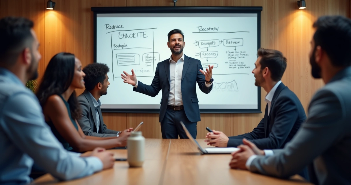 Líder comercial motivando equipe de vendas durante reunião 