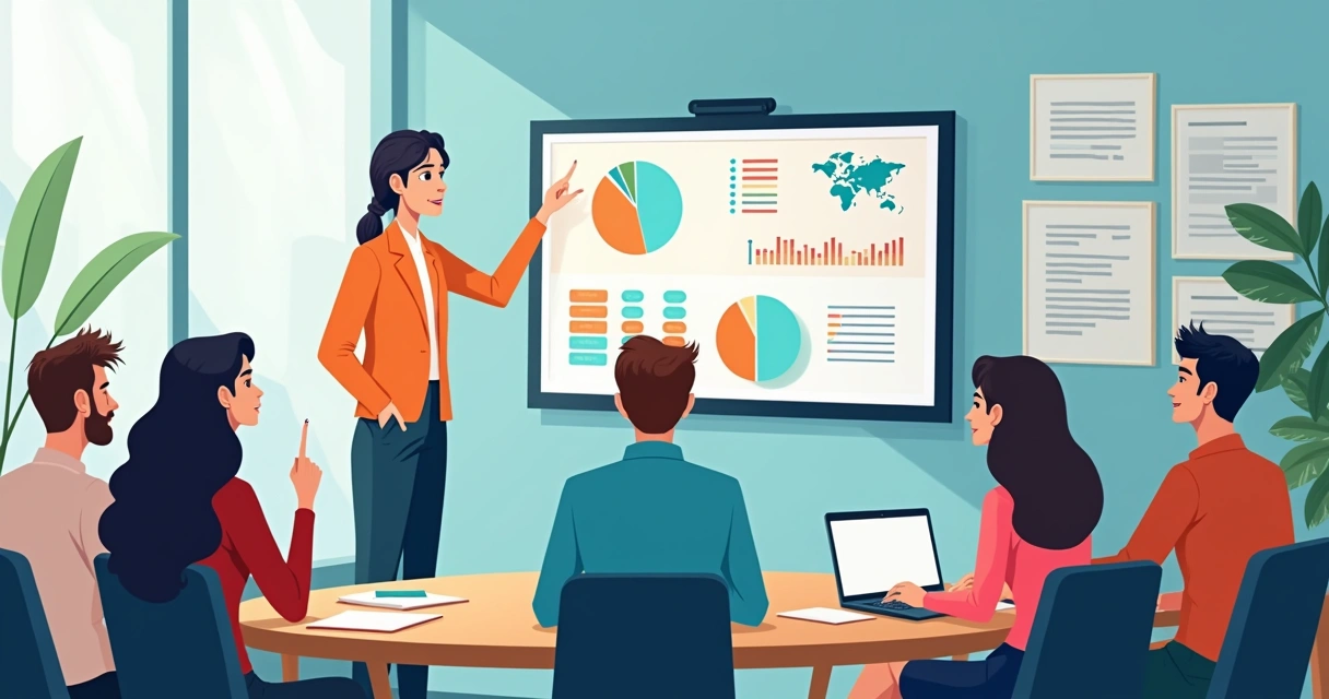 Líder motivando equipe híbrida com gráficos de desempenho em uma videoconferência 